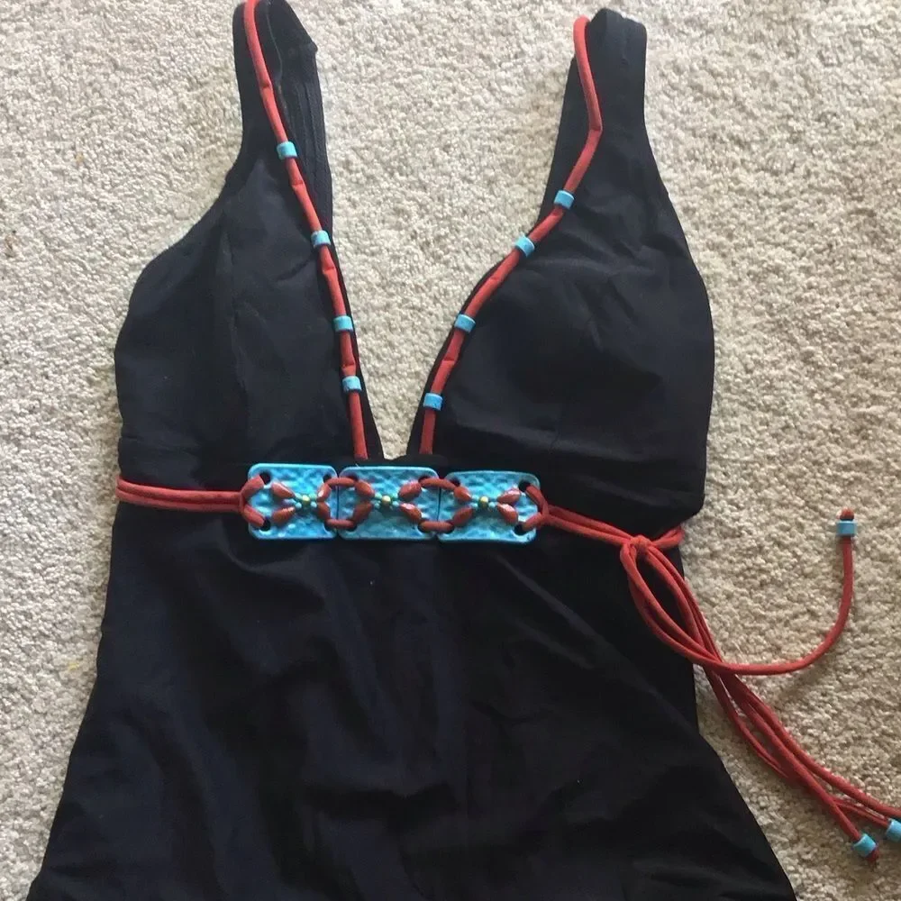 Vintage Lagouf by Silvian Bohemian Aztec black one piece swimsuit